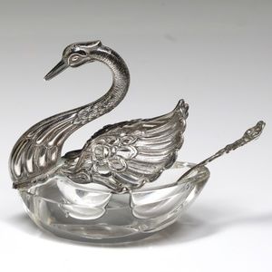 Vintage Sterling Silver Germany Crystal Swan With Spoon Open Salts Tray Singed